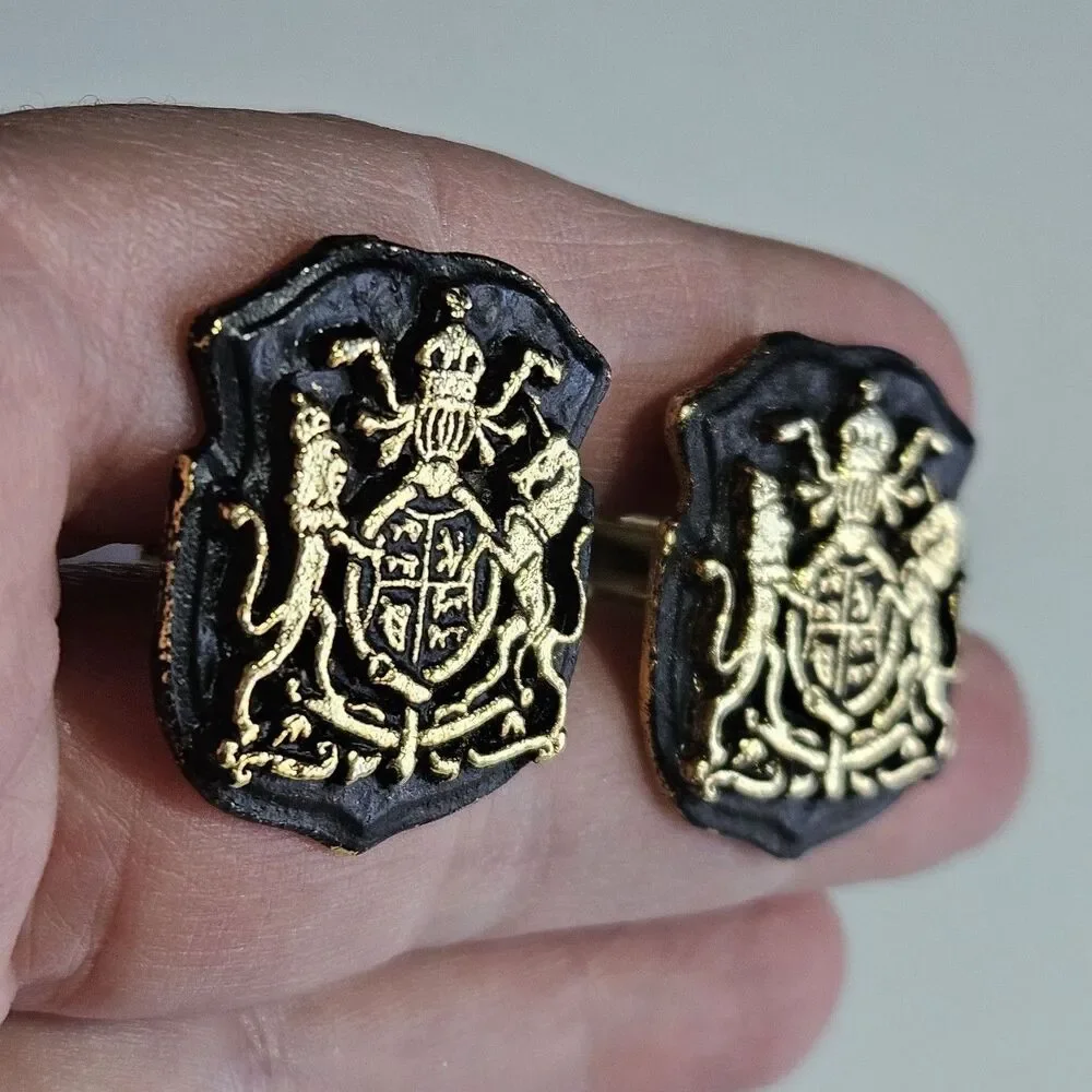 Vintage Gold Tone Black Shield Coat Of Arms Family Crest Cuff Links
